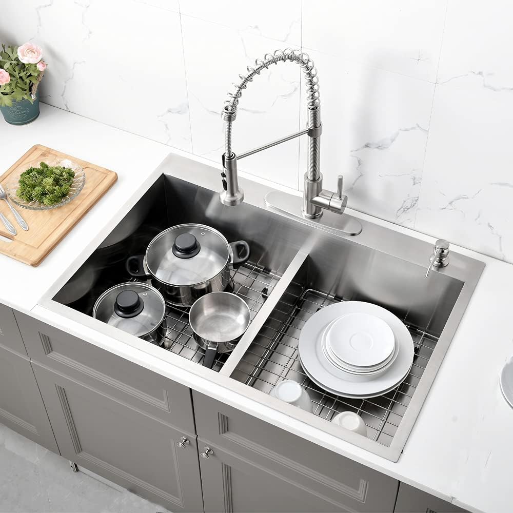 33 Inch Double Bowl Drop In Kitchen Sink-Bokaiya 33x22 Stainless Steel Drop-In Sink Kitchen Top Mount 16 Gauge Deep 50/50 Low-Divide Over Counter Double Bowl Kitchen Sink with Rack&Grid