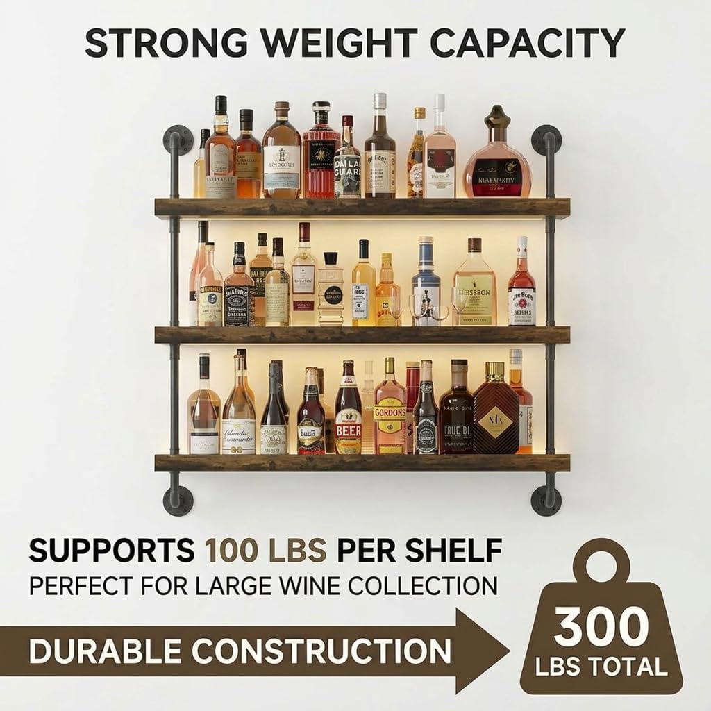 3-Tier Wall Mounted Wine Rack with LED,Liquor Bottles Floating Shelves Display Storage Organizer for Home Bar Dining Room Kitchen (40' W x 47.2' H)