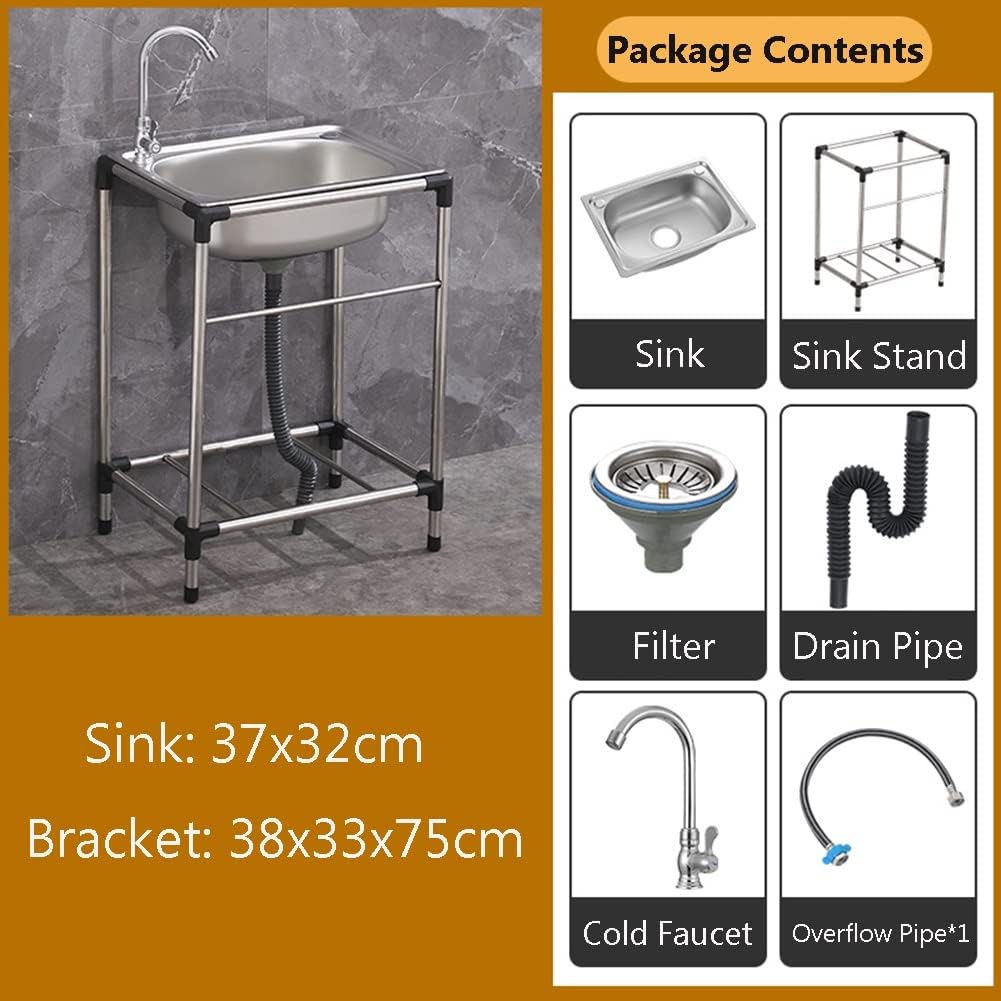 Free Standing Stainless Steel Single Bowl Sink with Faucet, Prep & Utility Washing Hand Basin W/Storage Shelves (Restaurant, Kitchen, Laundry, Garage) (Color : Silver, Size : 68x44cm) (Silver 37x