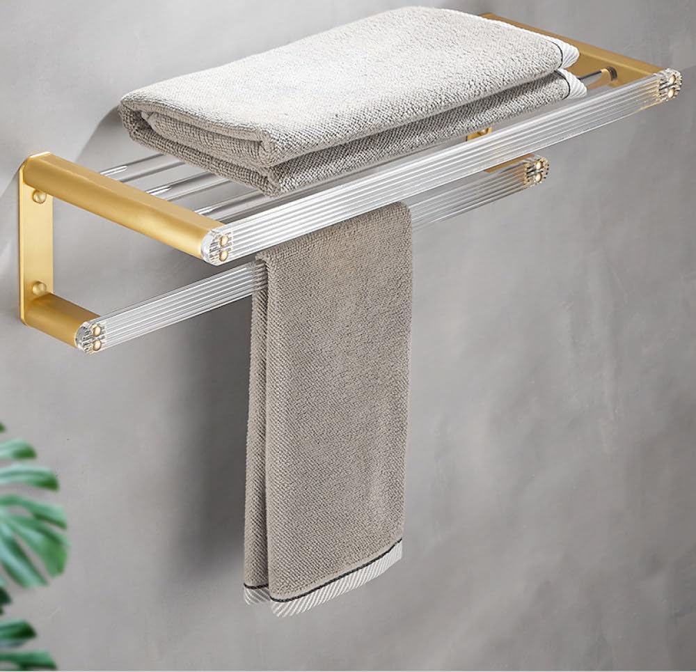 OAKITA Brushed Gold Metal Bathroom Towel Rack Wall Mounted Acrylic Easy Clean Phone Holder Fashion Bathroom Accessories Set,Towel Rack