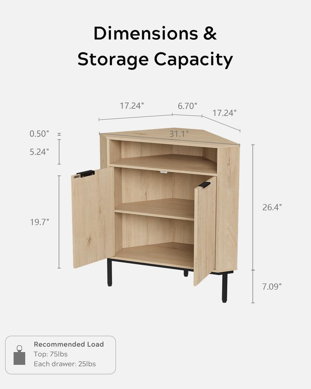 EYYTHUNG Fluted Corner Cabinet, Modern Small Corner Floor Cabinet with 2 Doors & Adjustable Shelf, Wooden Freestanding Narrow Storage Organizer for Small Space,Living Room, Dining Room, Light Oak