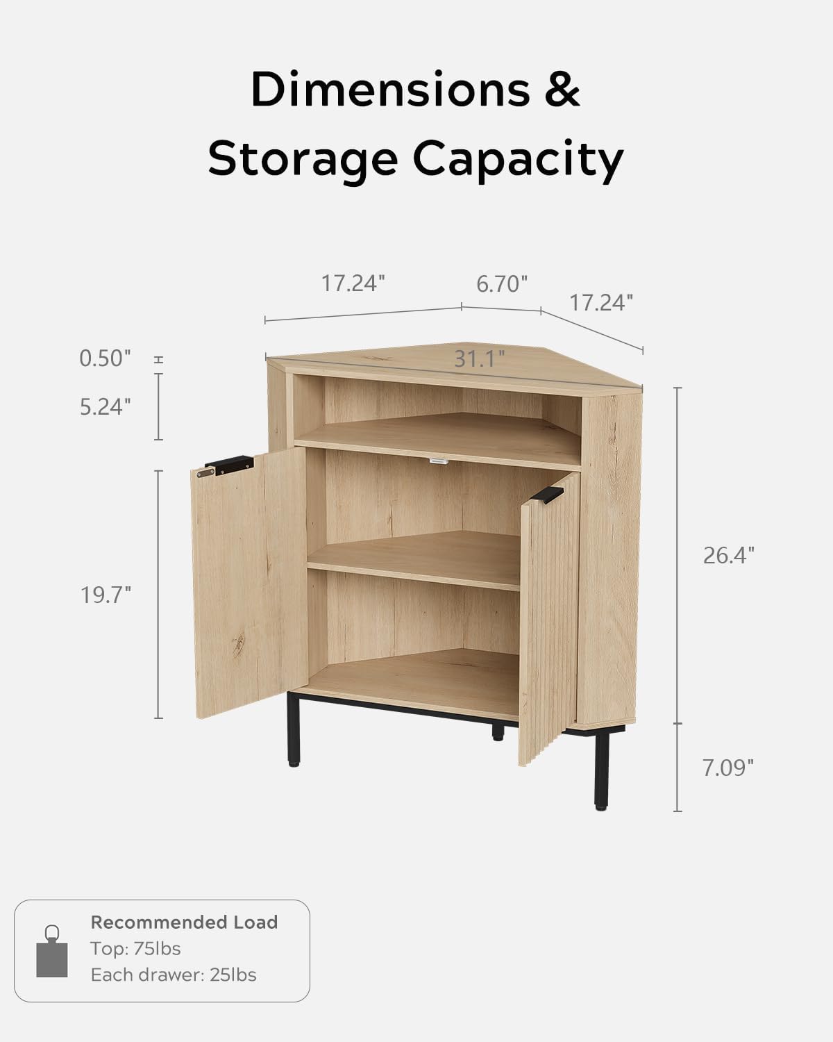 EYYTHUNG Fluted Corner Cabinet, Modern Small Corner Floor Cabinet with 2 Doors & Adjustable Shelf, Wooden Freestanding Narrow Storage Organizer for Small Space,Living Room, Dining Room, Light Oak