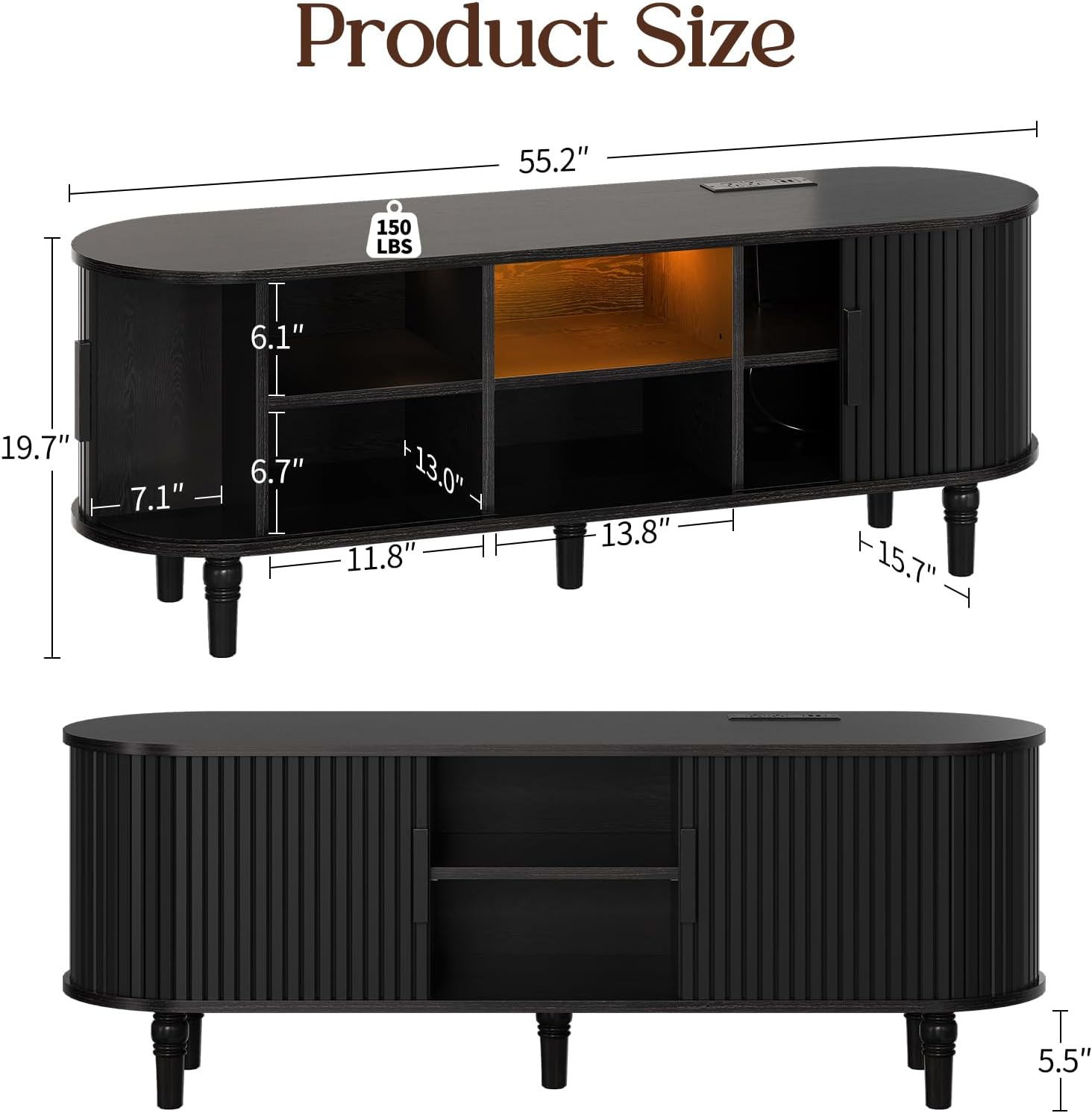 TV Console with Power Outlet-55' Entertainment Center with Sliding Tambour Door, Modern TV Stands for Living Room Bedroom, LED Media Stand with Storage Cabinet and Adjustable Shelves, Black