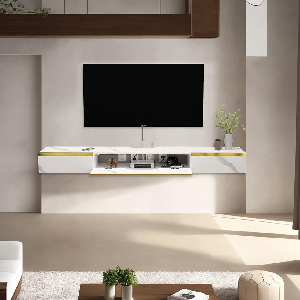 Pmnianhua Floating TV Shelf with Drawers, 59'' Wall Mounted TV Console Entertainment Media Shelf with 2 Drawers and 1 Door for Bedroom Living Room (White)