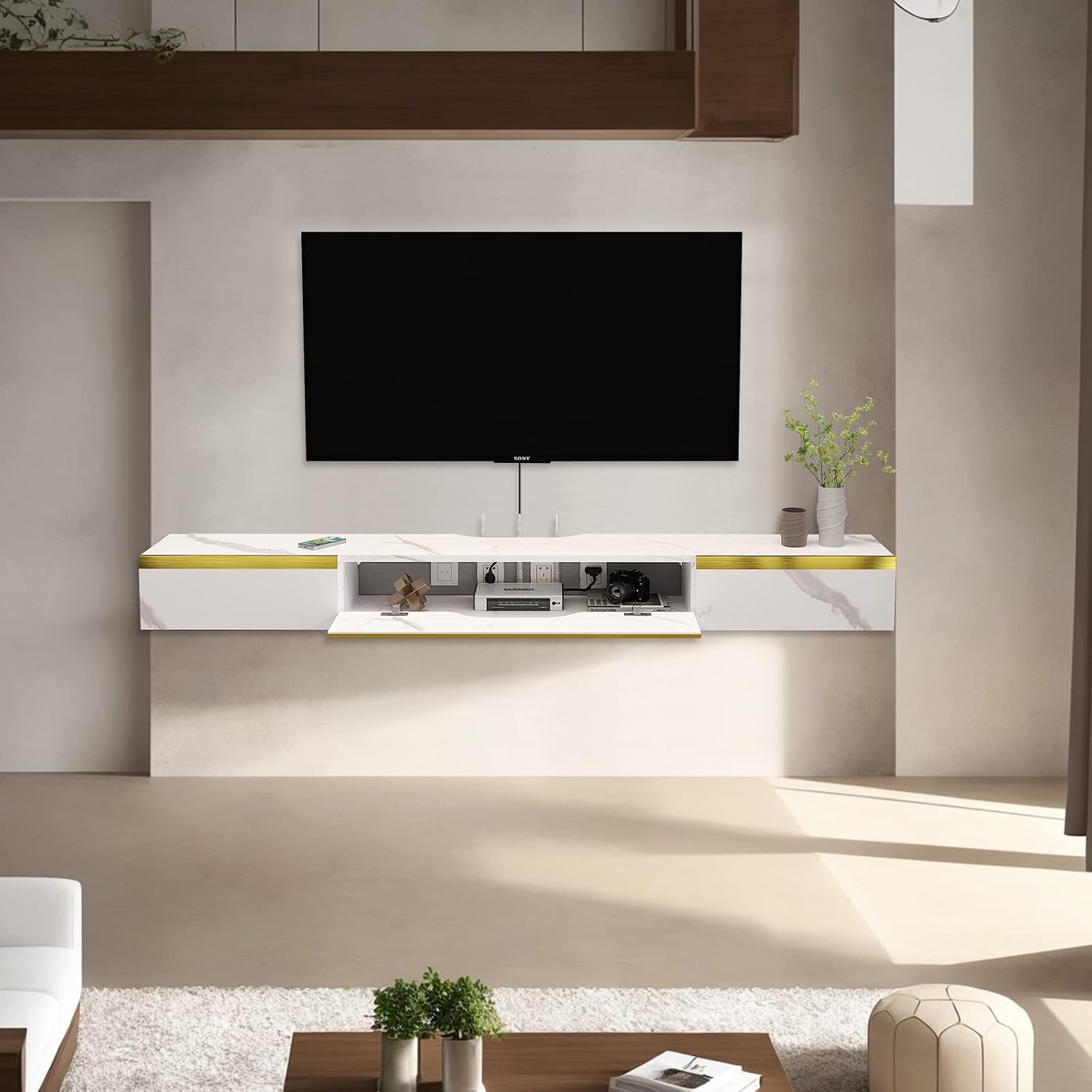 Pmnianhua Floating TV Shelf with Drawers, 59'' Wall Mounted TV Console Entertainment Media Shelf with 2 Drawers and 1 Door for Bedroom Living Room (White)