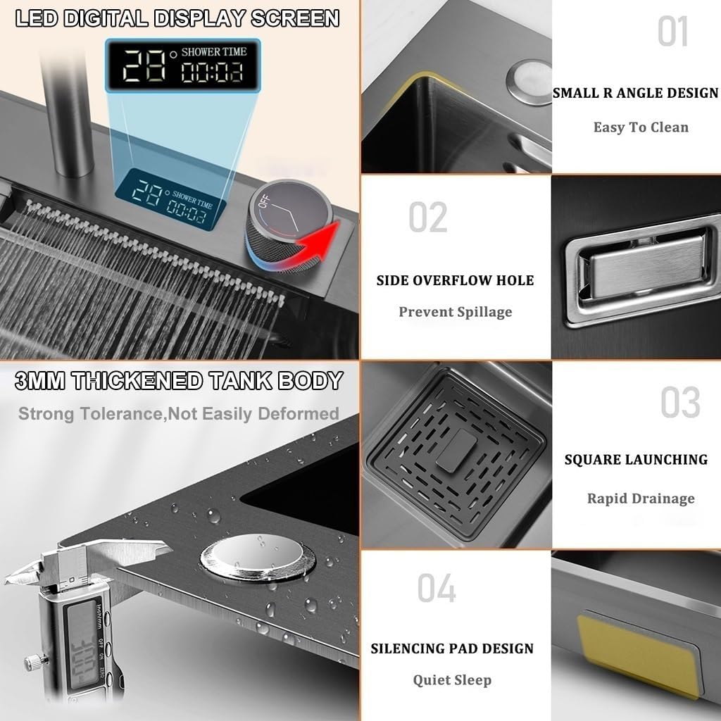 Stainless Steel Kitchen Waterfall Sink with LED Display -Coated Workstation Sink with Pull-Out Faucet and Cup Washer Household Single Bowl Sink with Accessories (Size : 80x46x22cm)