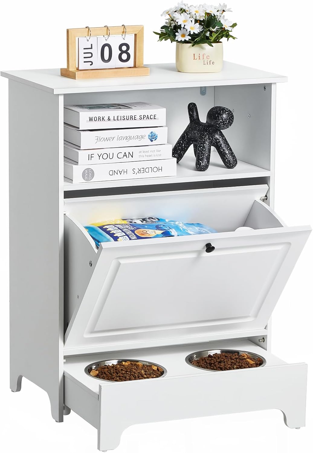 Happybuy Pet Feeding Station with 2 Stainless Steel Bowls, Elevated for Small Dogs, with Storage Cabinet and Toy Organizer
