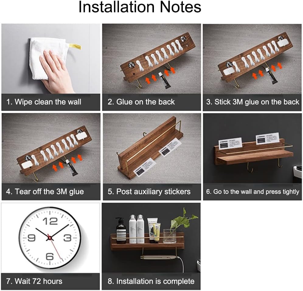 Bathroom Shelf -No Punching,Wall Mounted Shower Rack Set of 2,Wood Floating with Towel Bar,Perfect for Kitchen, Toilet
