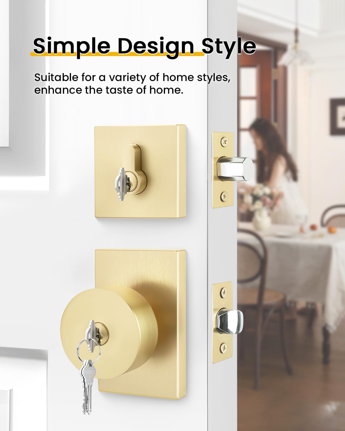 Goldenwarm Brushed Gold Exterior Door Knob with Deadbolt, Square Keyed Different Front Entry Lockset, Heavy Duty, 3 Pack