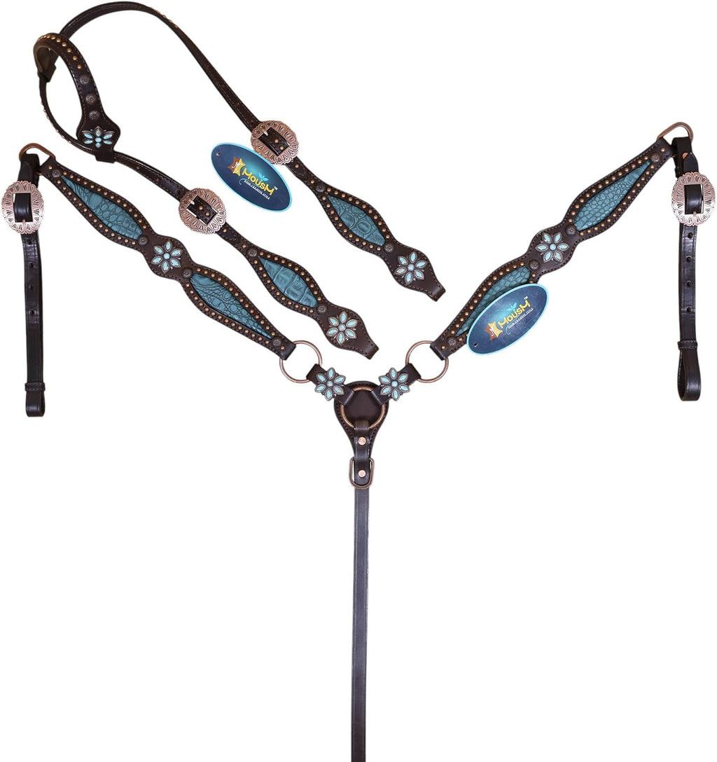 Western Leather Headstall and Breast Collar Tack Set – Turquoise Flower Conchos, Copper Ring & Alligator Inlay with Copper Studs – Genuine Argentina Cowhide