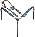Western Leather Headstall and Breast Collar Tack Set – Turquoise Flower Conchos, Copper Ring & Alligator Inlay with Copper Studs – Genuine Argentina Cowhide