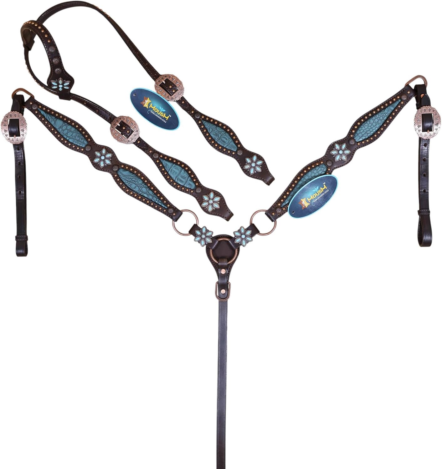 Western Leather Headstall and Breast Collar Tack Set – Turquoise Flower Conchos, Copper Ring & Alligator Inlay with Copper Studs – Genuine Argentina Cowhide