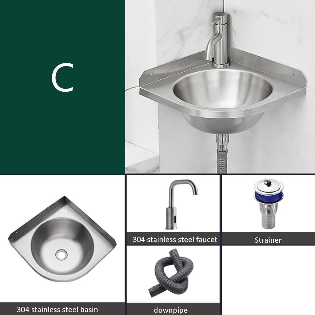 Stainless Steel Single Bowl Sink with Faucet, 3.9IN Deep Wall-Mounted WashBasin, Space-Saving, Easy to Clean,Small Sink Corner for Kitchen Bathroom (Color : Silver, Size : E) (Silver C)