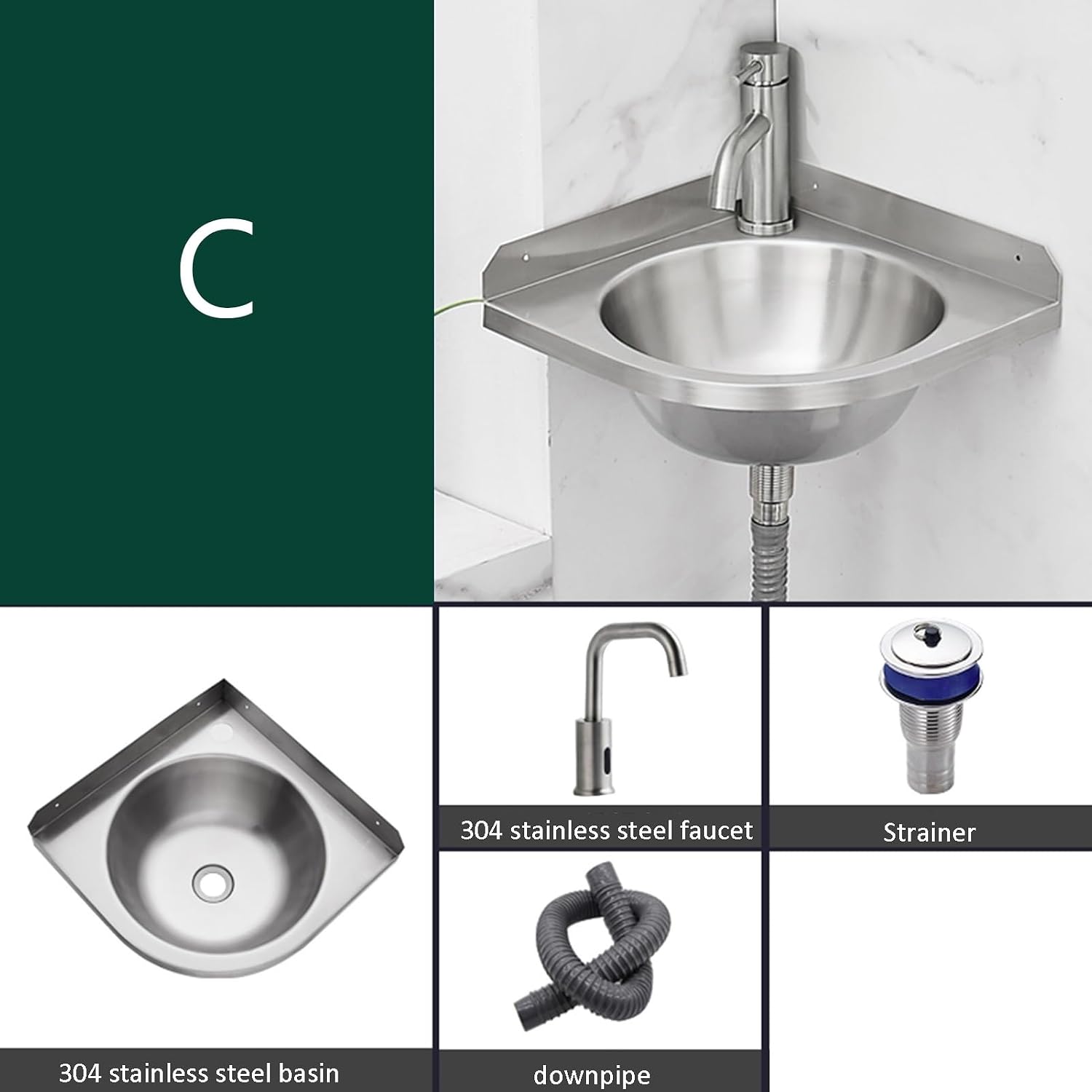 Stainless Steel Single Bowl Sink with Faucet, 3.9IN Deep Wall-Mounted WashBasin, Space-Saving, Easy to Clean,Small Sink Corner for Kitchen Bathroom (Color : Silver, Size : E) (Silver C)