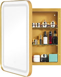soges LED Medicine Cabinet Lighted Bathroom Mirror, Bathroom Vanity Mirror with 2 Storage Shelves, 24'x 16' Recessed Medicine Cabinet, Wall Mounted Deep Metal Framed Rounded Corner, Gold