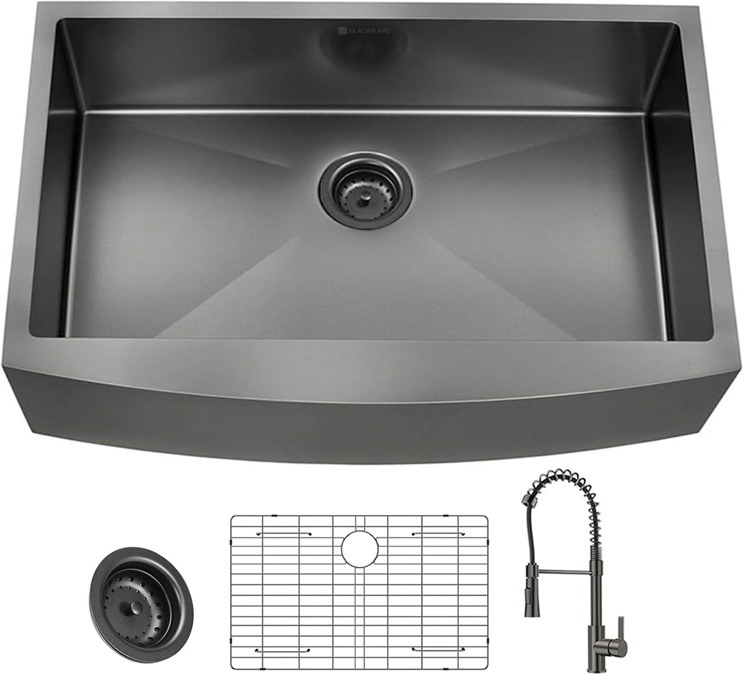 36Inch NANO PVD Black Farmhouse Kitchen Sink w/Pull-down Faucet 16 Gauge Stainless Steel Workstation Sink Scratch Resistant Surface w/Accessories (Gunmetal Single Bowl, 36 Inch w/Faucet)
