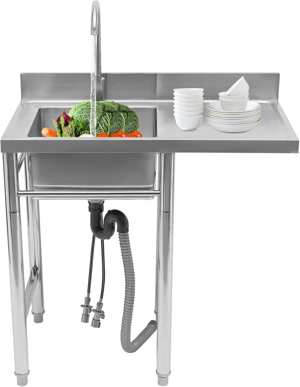Stainless Steel Sink Single Bowl Commercial Utility Sink Free Standing Kitchen Sinks with Cold and Hot Water Faucets for Kitchens, Garage, Laundry Room (35.4' W x 21.2' D x 39.3' H)