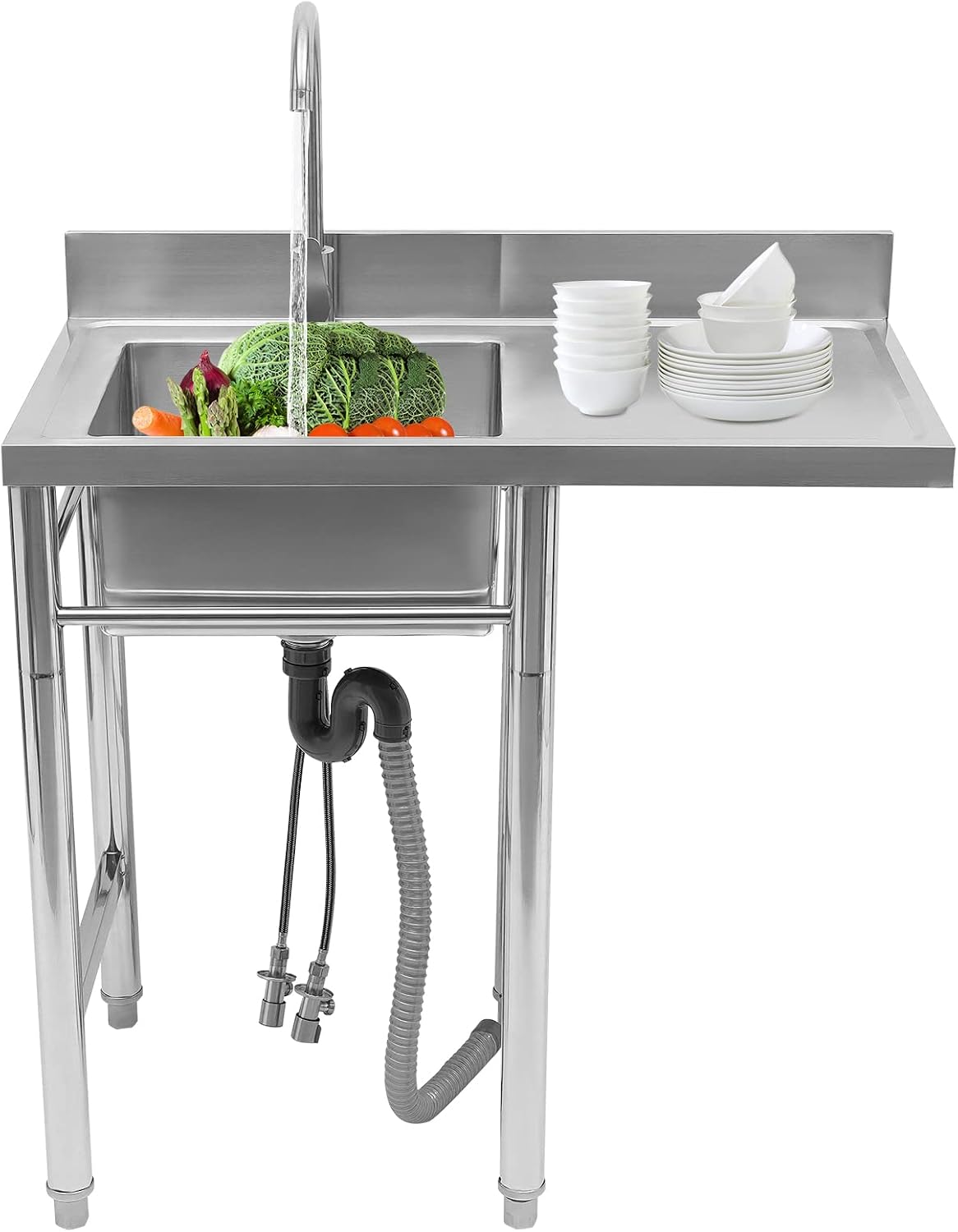 Stainless Steel Sink Single Bowl Commercial Utility Sink Free Standing Kitchen Sinks with Cold and Hot Water Faucets for Kitchens, Garage, Laundry Room (35.4' W x 21.2' D x 39.3' H)