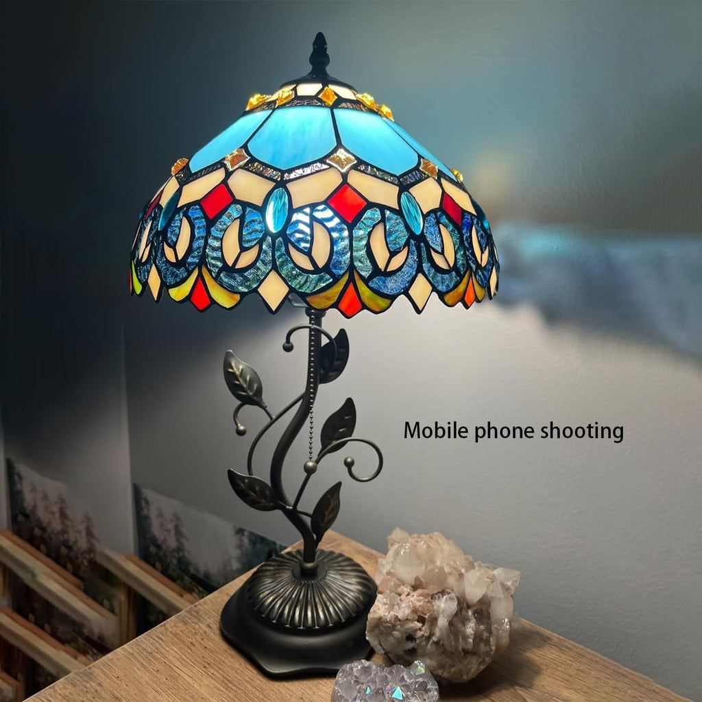 Tiffany Table Lamp, Stained Glass Desk Light, W12H19 Inch, Metal Leaf Base (Sapphire Style)