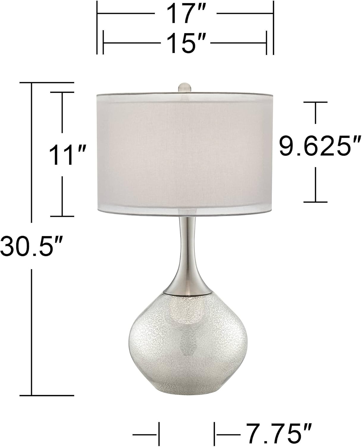 Possini Euro Design Swift Modern Table Lamp 30 1/2' Tall Mercury Glass Chrome Metal Neck Twin Double Drum Shade Decor for Bedroom Living Room House Bedside Nightstand Home Office Entryway Family