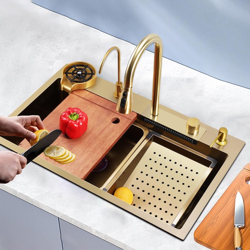 Stainless Steel Single-Bowl Waterfall Sink Multi-functional Golden Kitchen Workstation Sink With Pull-Out Faucet Cup Washer Complete Accessory Set Dual-Mount ( Color : Gold , Size : 75x45x22cm ) (