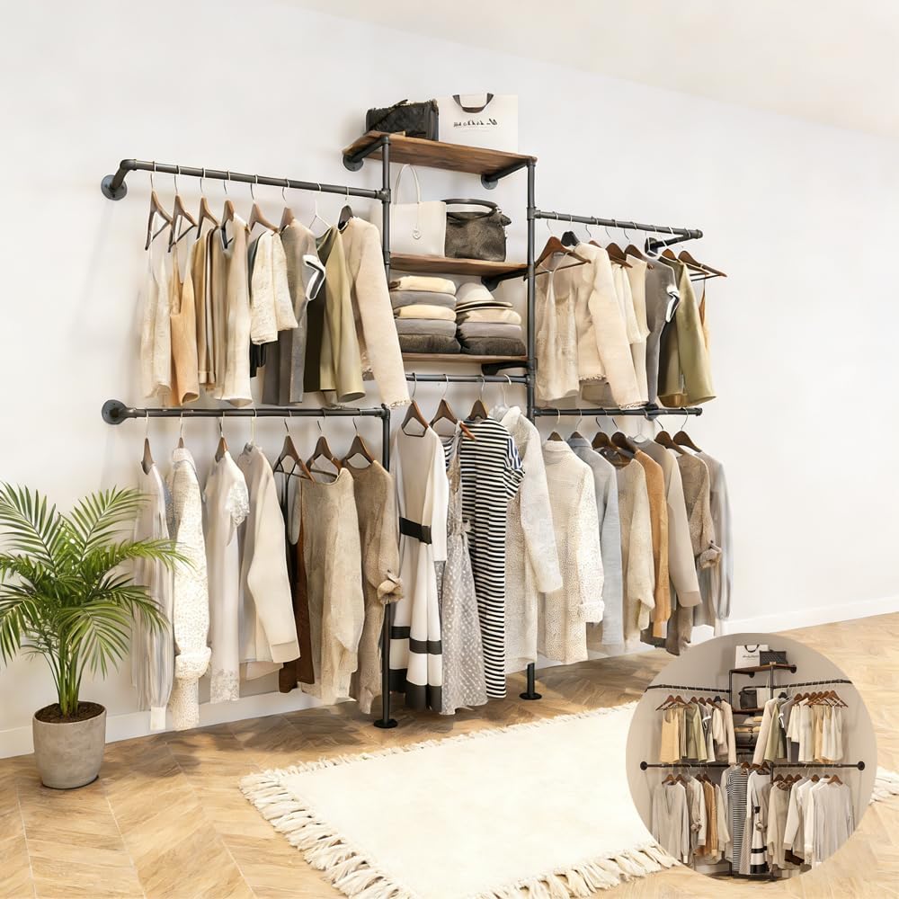 KaKaBB Industrial Pipe Clothing Rack - Heavy Duty Wall Mounted Clothes Rack, Corner Closet System, DIY Wardrobe Organizer with Shelves, Walk in Closet Storage (BLACK, 94.5')