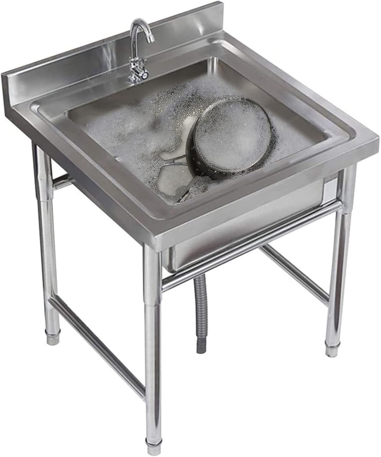 Utility Sink Stainless Steel 1 Compartment Commercial Kitchen Sink with Faucet, Free Standing Single Bowl Sink for Restaurant, Bar, Laundry, Garage