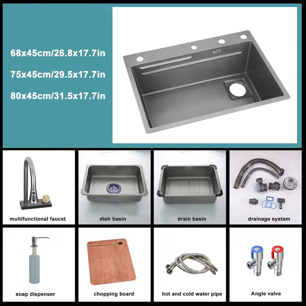 Kitchen Sinks Grey Stainless Steel Sink Large Sink with Waterfall Faucet Single Bowl Sink with All Accessories (