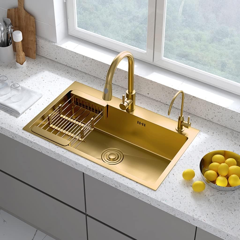 Kitchen Sink Kitchen Single Bowl Sink Single Bowl Bar Preparation with Drain Assembly Drop-in Or Undermount (Color : Gold, Size : 55x45x21cm) (Gold 55x45x21cm)