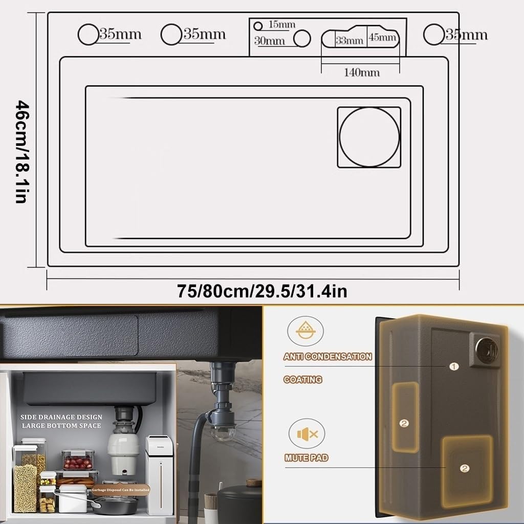 Stainless Steel Kitchen Waterfall Sink with LED Display -Coated Workstation Sink with Pull-Out Faucet and Cup Washer Household Single Bowl Sink with Accessories (Size : 80x46x22cm)