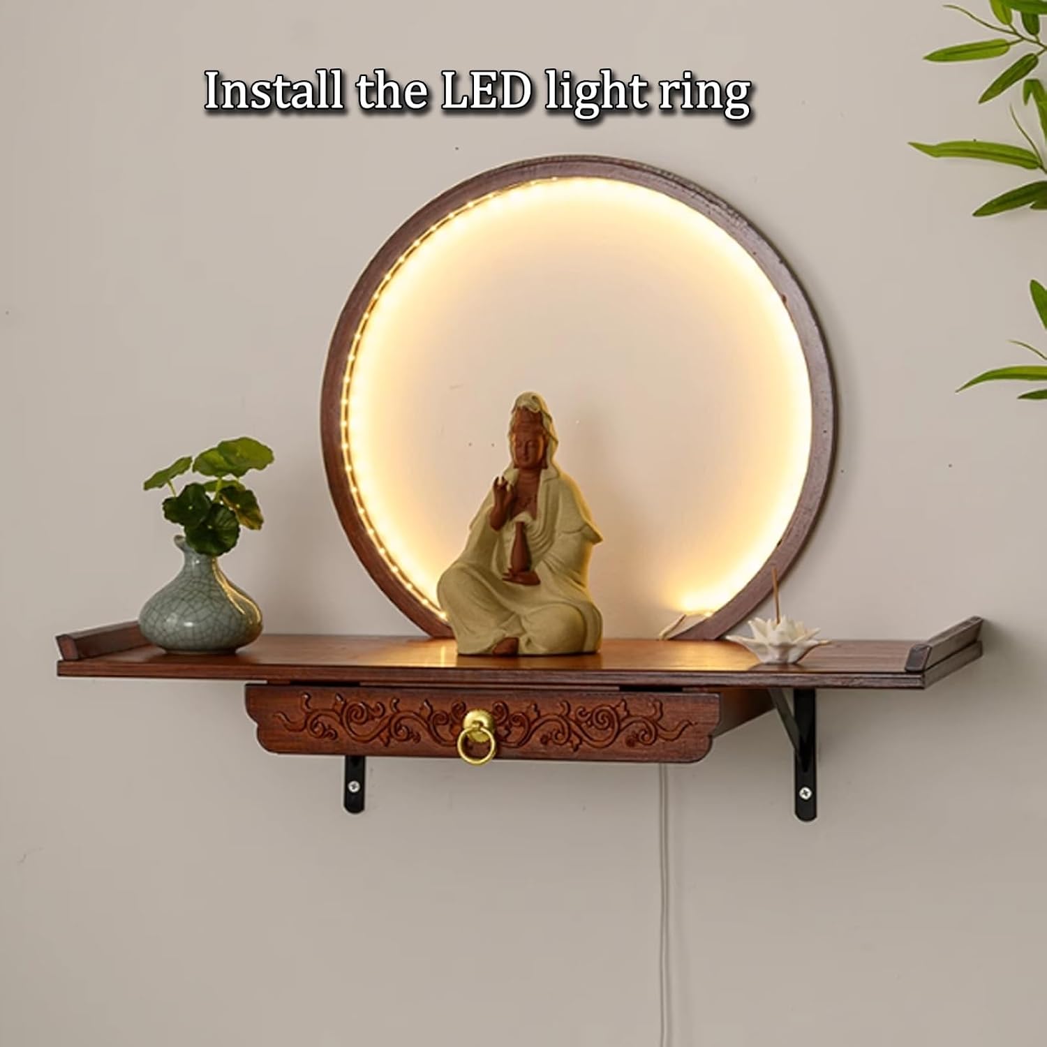 Wall-Mounted Buddha Statue Stand with LED Light Household Small Buddhist Shrine Altar Table with Retractable Pull Plate Bamboo Prayer Offering Table Wall Altar Shelf for Incense Offerings.(Walnut,50X2