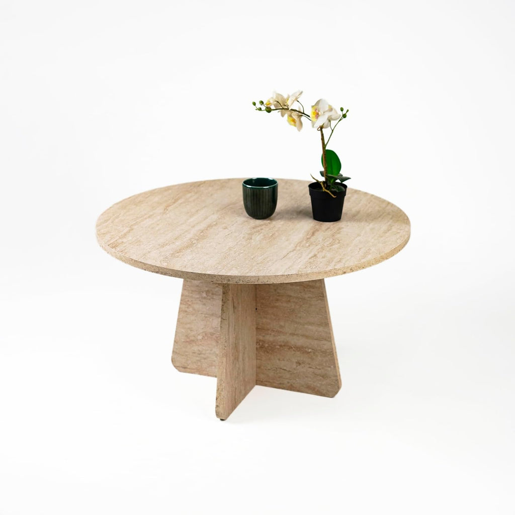 Travertine Efect 28.3 Inches Diameter Coffee Table Modern Side Table for Living Room Accent Table for Sofa or Bedroom (28.3x28.3x16.5 inches)