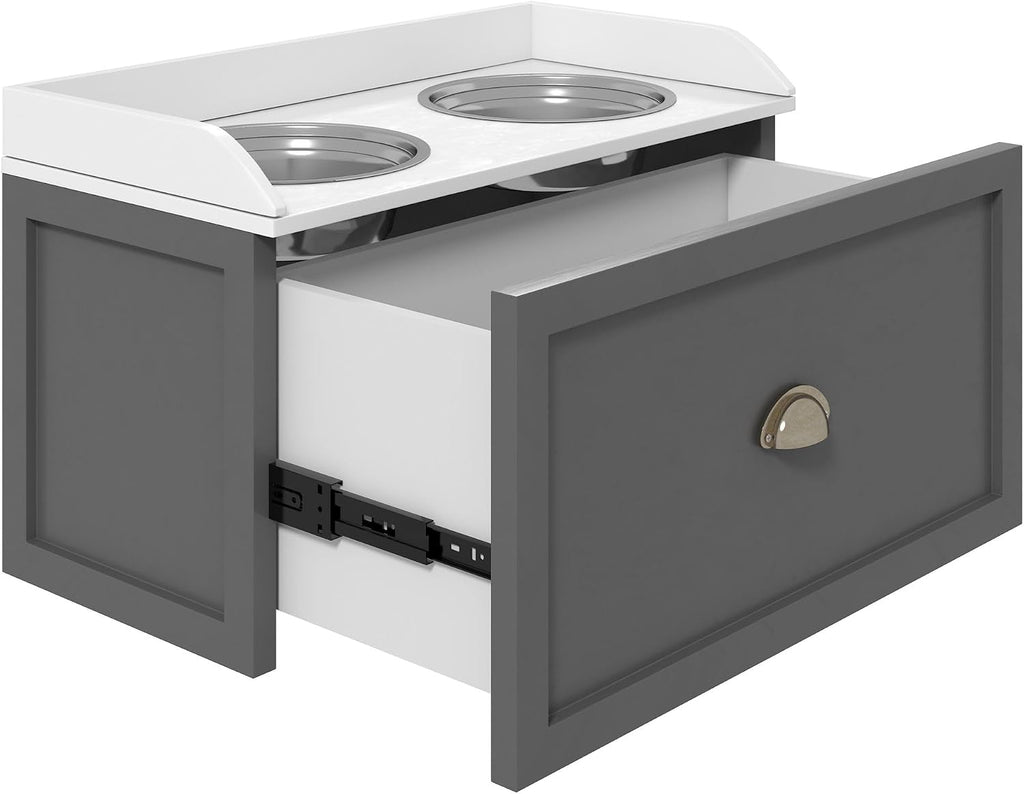Premium Heavy Duty Elevated Dog Bowl Station with 21 Liters Capacity 2 Stainless Steel Bowls Storage Compartment Anti-Slip Gray