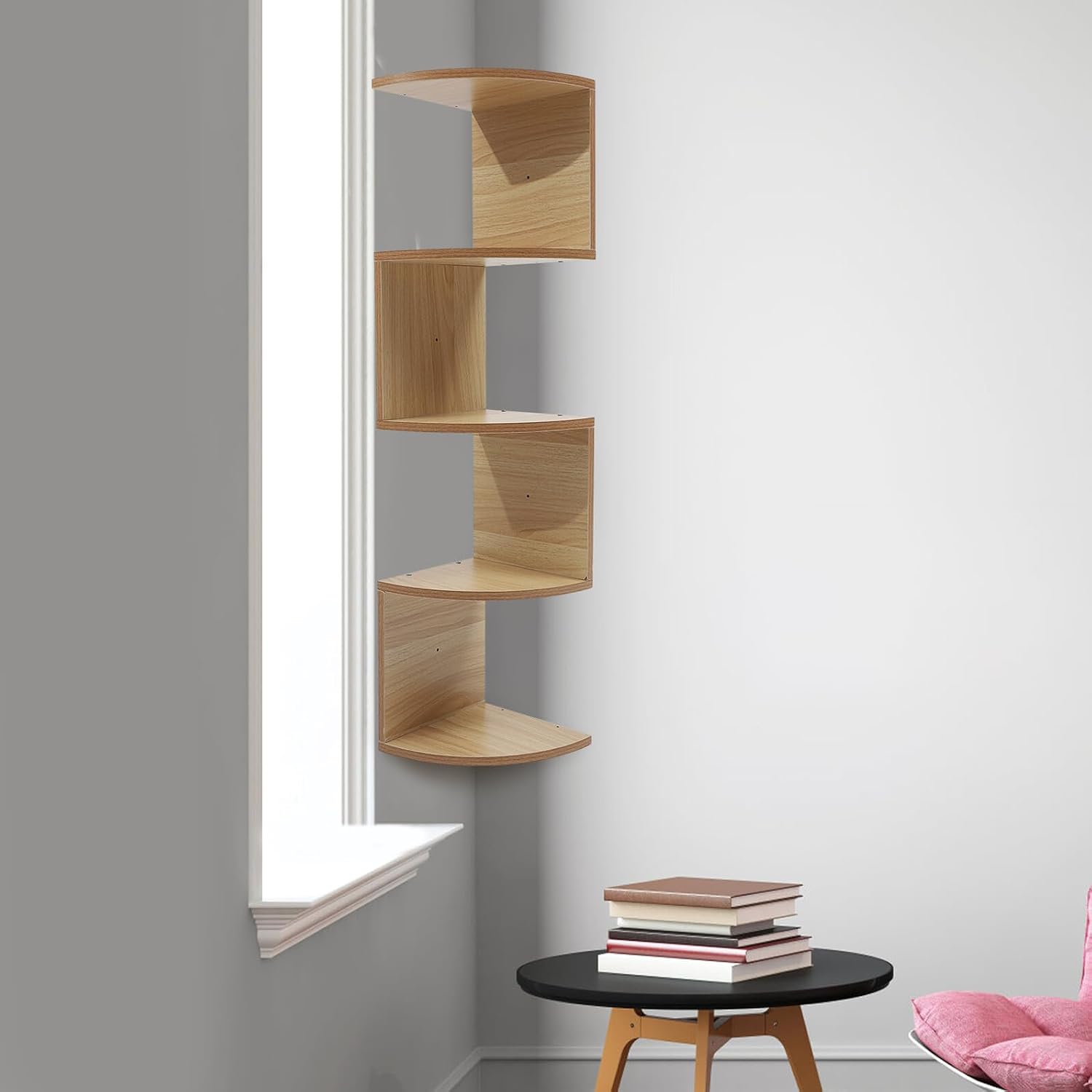 Holibanna Creative 5-Tier Wall-Mounted Wooden Corner Shelf Rack, Light Walnut Home Storage Organizer, Modern Style Floating Home Decor for Living Room Bedroom Kitchen