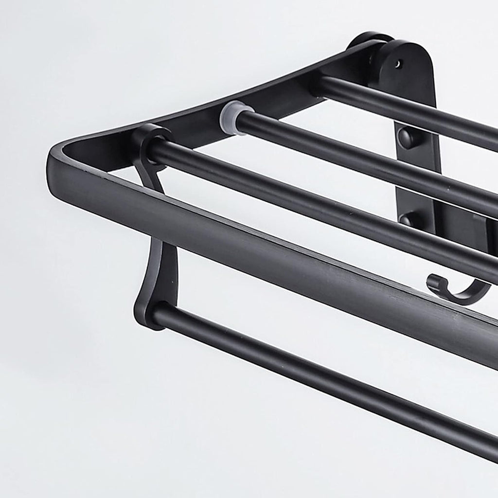 Bathroom Shelf Wall Floating Bathroom Bath Towel Rack 23 Inch Bathroom Shelves Foldable Wall Mounted Double Towel Holder with Towel Bar and 5 Hooks Floating Shelves Corner Shower Caddy