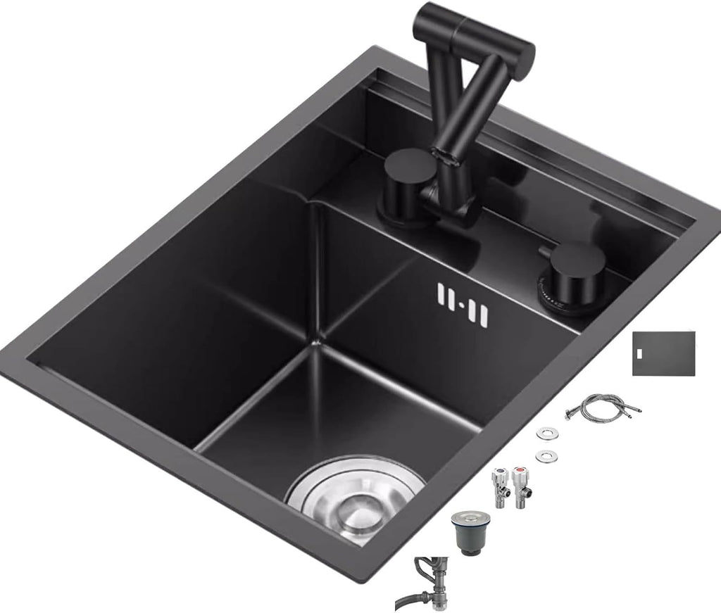 Black Sink with Cover Single Bowl Sink with Foldable Faucet Single Bowl Sink Hidden Sink Undercounter Sink(One Color-32x43cm