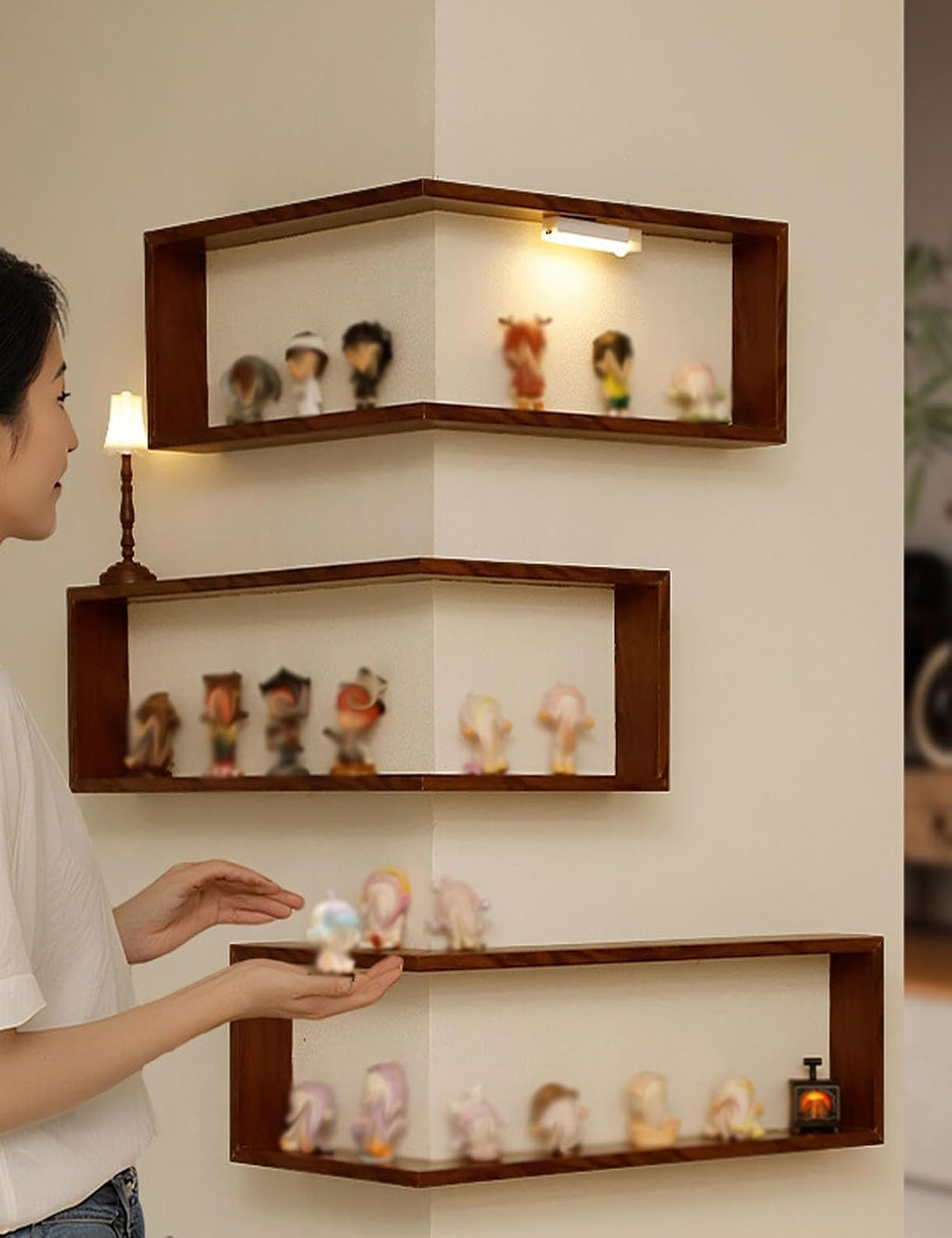 Wall Mounted Corner Shelf - Floating Shelves Save Space with Light Corner Display Shelf Stand Dustproof Storage, Heavy Duty Floating Shelves with LED Lights