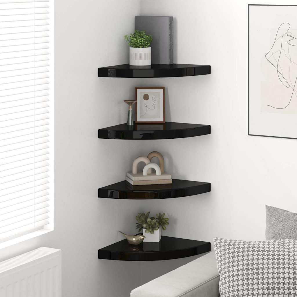 Floating Corner Shelves Set of 4, High Gloss Black Wall Mounted Display Shelves for Living Room Bedroom, 13.8x13.8x1.5 Inch Modern Corner Shelf with Invisible Mount, Durable MDF and Metal