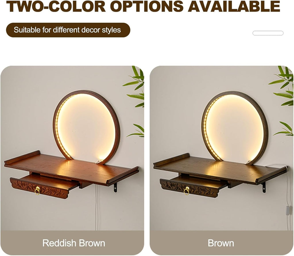 HARELA Wall-Mounted Personal Shrine Altar Table, Buddha Altar Shelf Shrine with LED Light, Retractable Bamboo Prayer Offering Table for Incense, Idols, and Worship Supplies(Reddish Brown,60cm/23.6in)