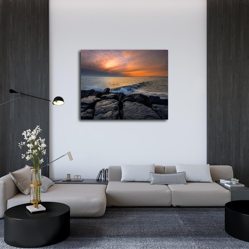 ArtDirect New Jersey-Cape May National Seashore Sunset on ocean and rocks 34x28 XL Gold Ornate Wood Framed Canvas Giclee Art by Jaynes Gallery