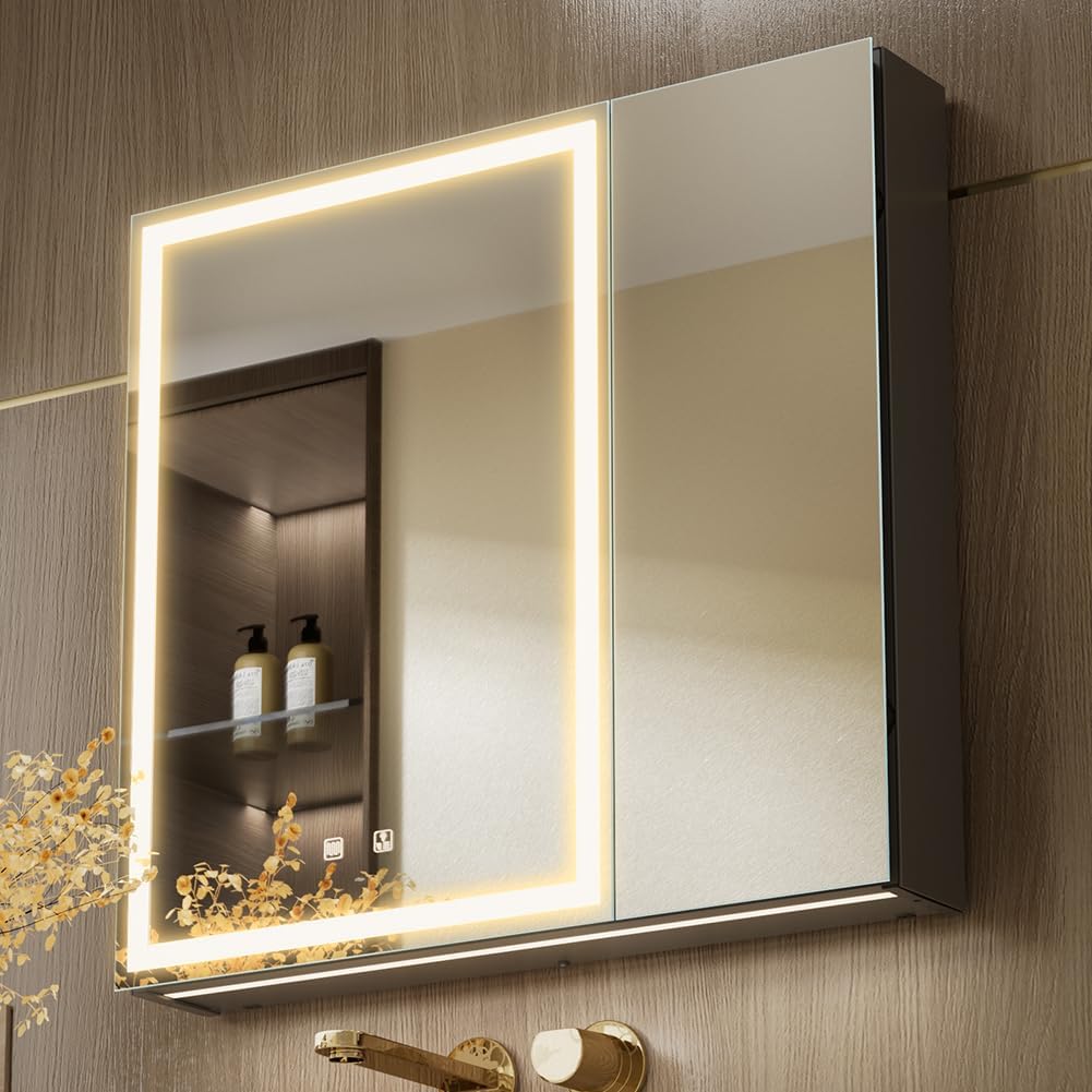 KWW LED Lighted Bathroom Medicine Cabinet with Sockets & USBs, Defogger, Dimmable, 3 Color Light Makeup Mirror, Easy to Install, Wall Mounted Cabinet (2 Door-30 * 28)