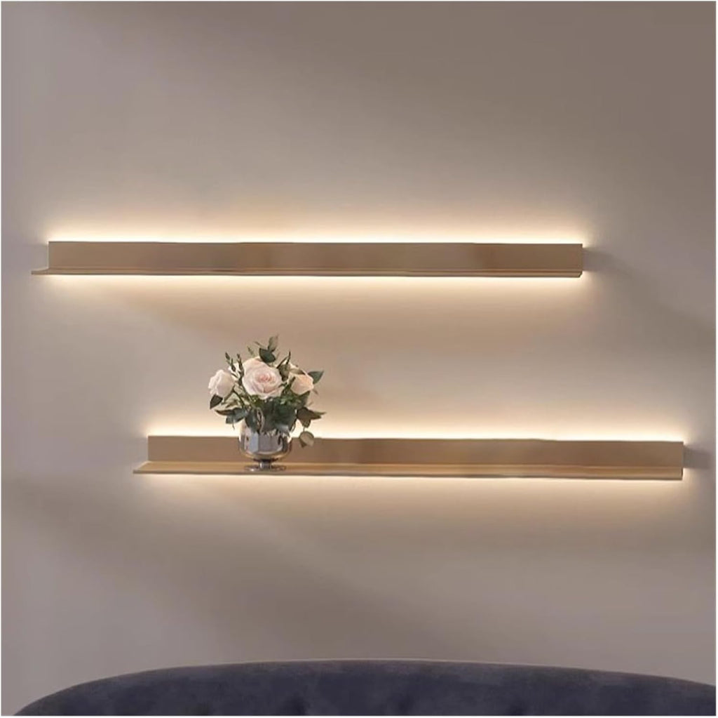 Corner Ledge Wall Shelf,Wall Mounted Light-Emitting Shelves, Wall Mounted Illuminated Bookcase Aluminum L-Shaped Partition LED Metal Partition with Lighting(Gold,60x25x6cm)