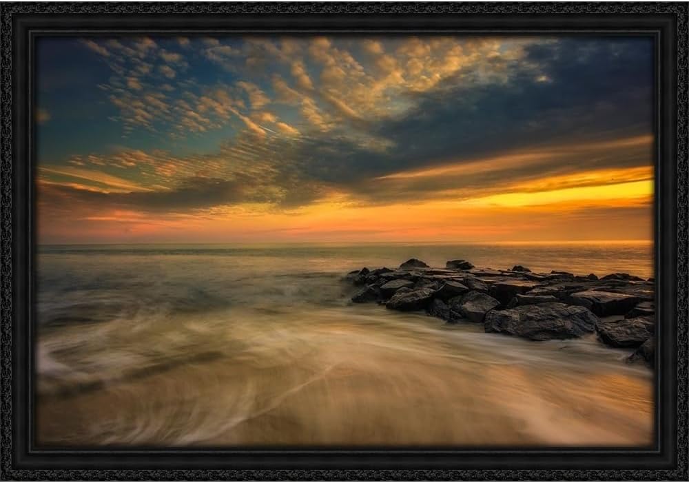 ArtDirect New Jersey-Cape May National Seashore Sunset on ocean and rocks 48x32 Huge Black Ornate Wood Framed Canvas Giclee Art by Jaynes Gallery