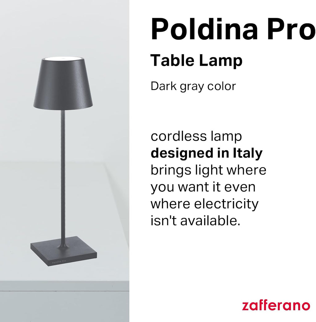 Zafferano, Poldina Pro Lamp, Rechargeable Cordless Table Lamp with Touch Controls, Suitable for Indoor and Outdoor, Dimmer, 2200-3000 K, Height 14.9 Inches, Dark Gray Color