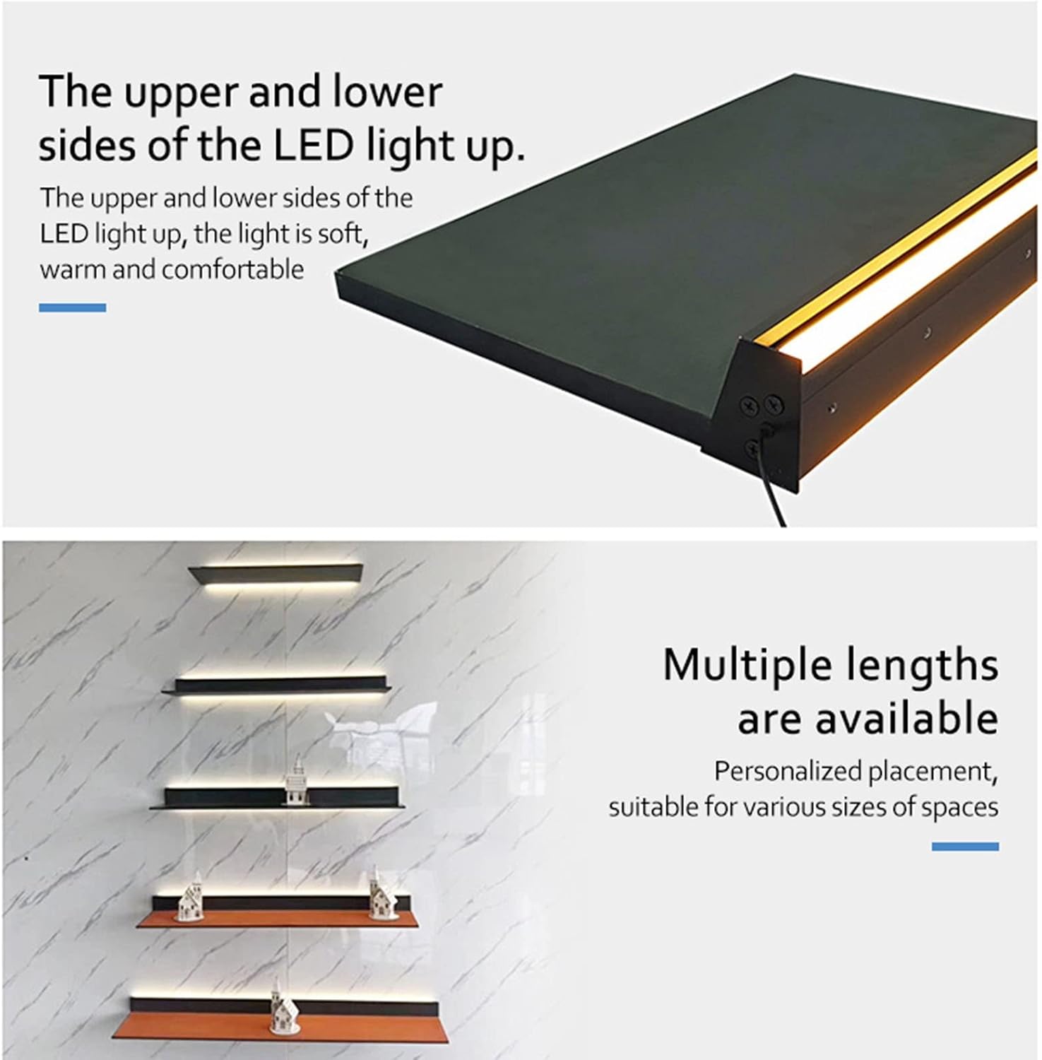 Floating Wall Shelves, All-Aluminum Illuminated Shelf Wall-Mounted with Lights Partition Simple Bookshelf Wine Rack (Gold-60x23cm