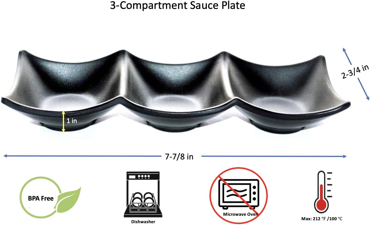 Lucky Star Melamine 3-Compartment Divided Soy Sauce Dishes Wasabi Sushi Sashimi Rectangular Plastic Dipping Plates, 7-7/8' X 2-3/4', Black (80)