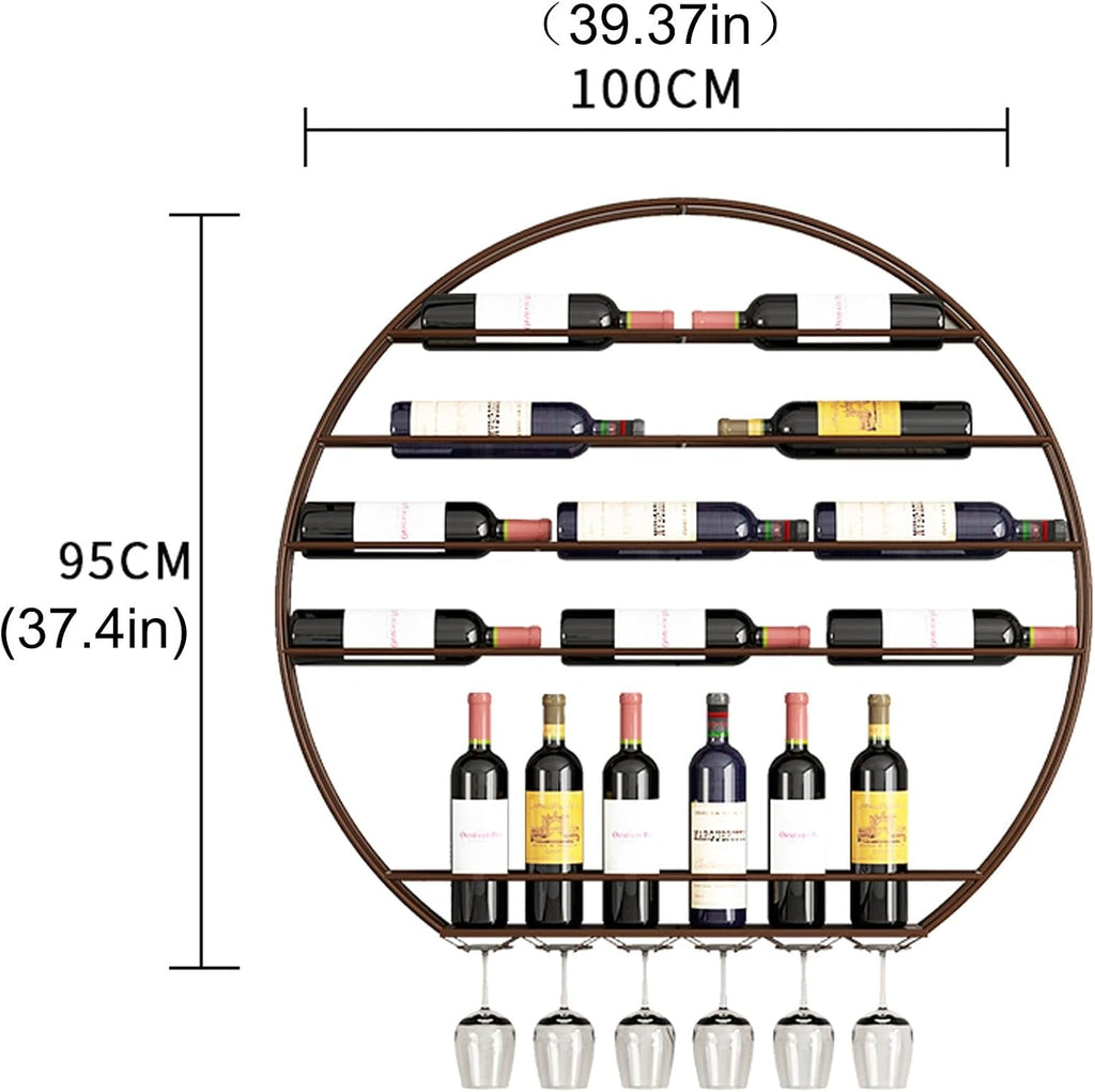 Round Wine Rack Wall Mounted Floating Bar Shelves Liquor Bottle Display Shelf Wall Mounted for Liquor Bottles Holder with Hanging Wine Glass Rack Bar Stand for Home Bar Dining Room Kitchen(Copper,100*