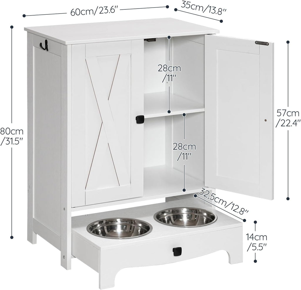 HOOBRO Dog Feeding Station with Feeding Bowls, Pet Organizer Cabinet with Storage and Hooks, Pet Feeding Station with Sliding Drawer and 2 Hidden Bowls for Dog & Cat, White WT12PO03G1