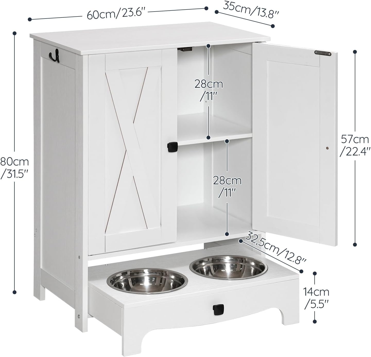 HOOBRO Dog Feeding Station with Feeding Bowls, Pet Organizer Cabinet with Storage and Hooks, Pet Feeding Station with Sliding Drawer and 2 Hidden Bowls for Dog & Cat, White WT12PO03G1