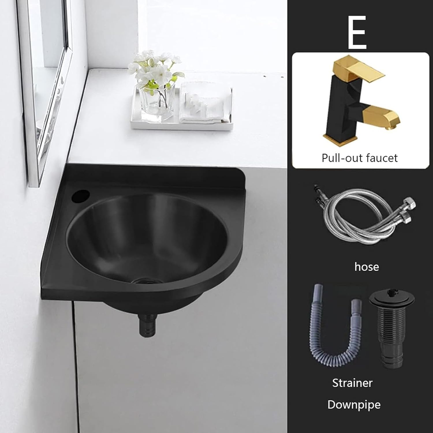 Single Bowl Sink, Stainless Steel Wall Mounted Wash Basin, Kitchen Sink Basin Small Sink Corner for Washing Food Prep, with Faucet Inlet Pipe,Black-B(32x32x45cm)